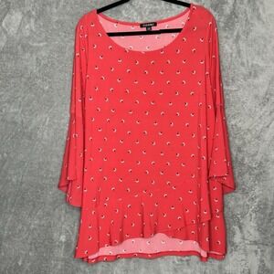 Roz & Ali 2X Top Shirt Red Floral Flower Scoop Neck 3/4 Sleeve Stretch High Low